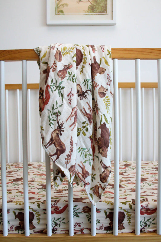 Woodland print bamboo swaddle